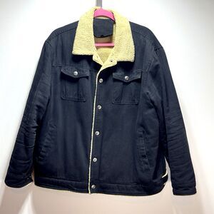 Serremo Mens Sherpa Jacket Collar Everest Snap Up Work Trucker Black Size XXL